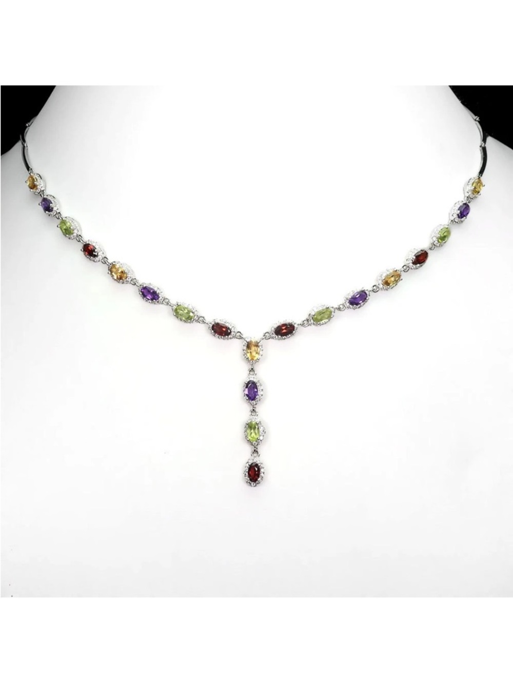 5CT Natural Multi-Gemstone Silver Drop Necklace in 925 Sterling Silver 18.5”